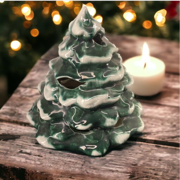LIGHTED ORNAMENT -- Candle Holder, Green Tree with Snow, Flickering Appearence - Picture 1 of 5